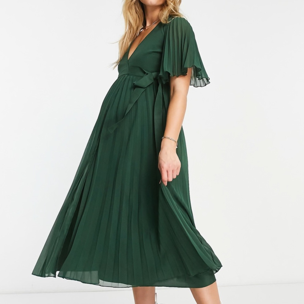 ASOS DESIGN Maternity pleated midi dress kimono sleeve tie waist in forest green